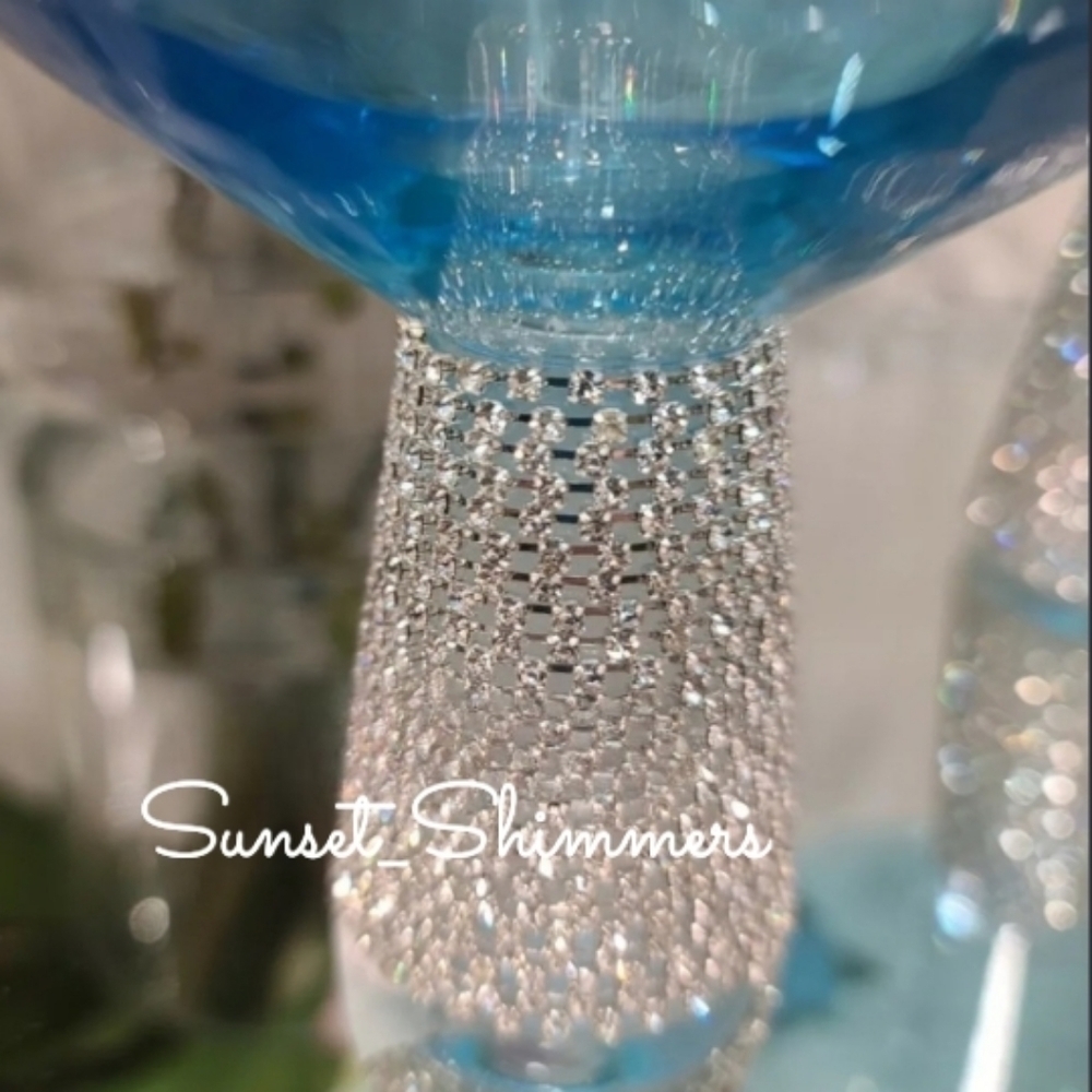 2 New Ice BLUE Rhinestone Crystal Cocktail Bar Wine Glass Goblets NEW - Picture 2 of 5